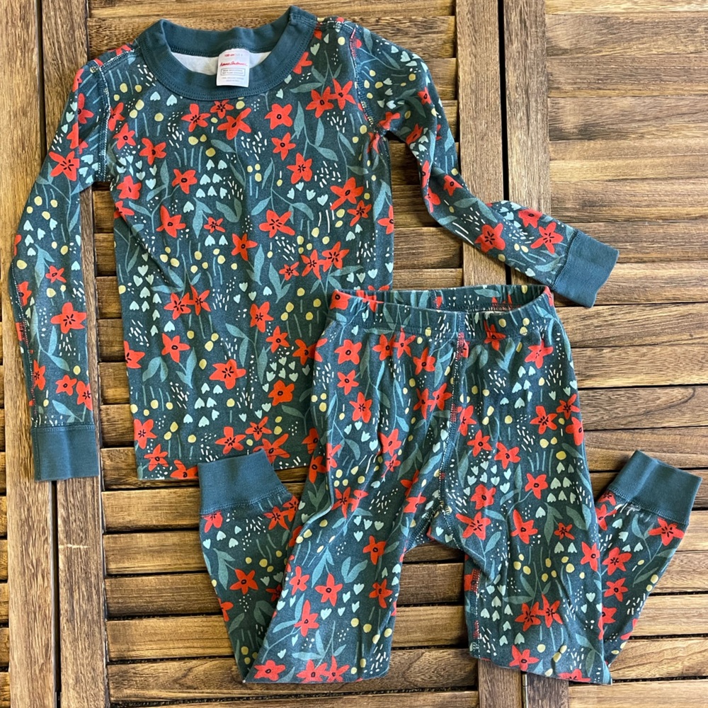 Hanna Andersson Kids Pajama Set - Red Floral on Green - Size 5 Family Matching